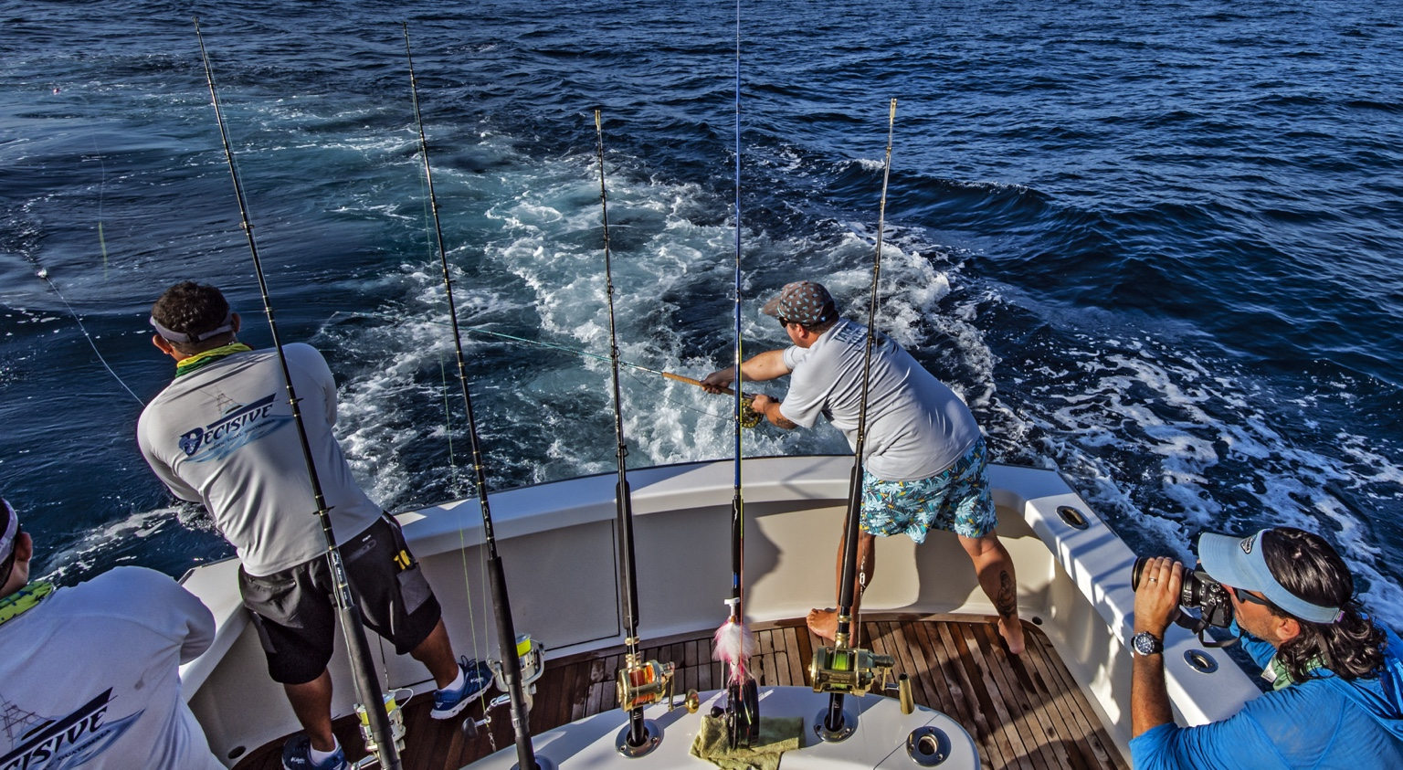 Fly-fishing action in the cockpit of Decisive offshore Guatemala